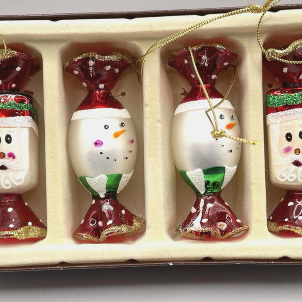 Papyrus Santa Snowman Candies Glass Christmas Ornaments‎ Set Of 4 in Box